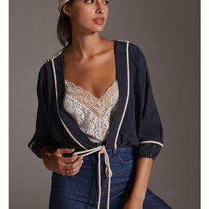 Anthropologie Puff -Sleeve Shrug 0\S Navy Linen blend NWT